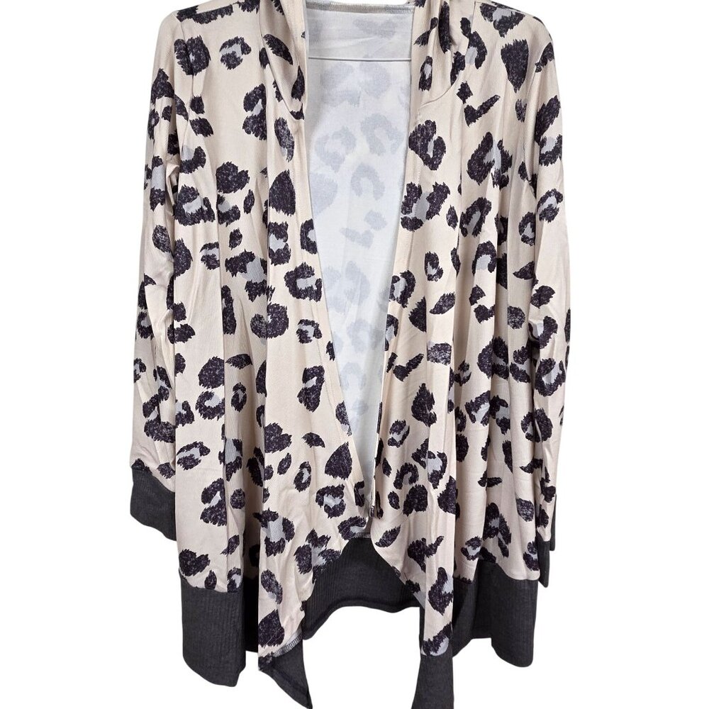 Cardigan Leopard Ultra Soft Cream Black Open Front Hood Lightweight Womens Med